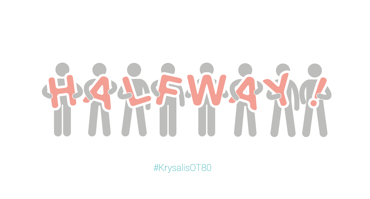 Stickpeople holding letters that read "halfway!"
