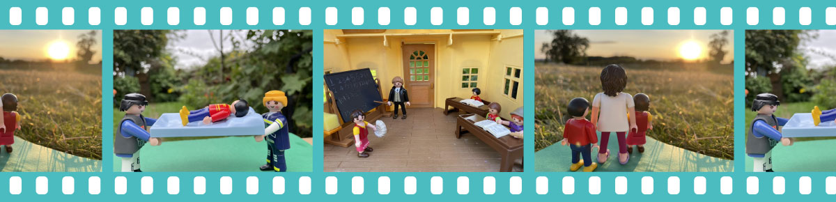 Banner of four images of Lego with a film reel border