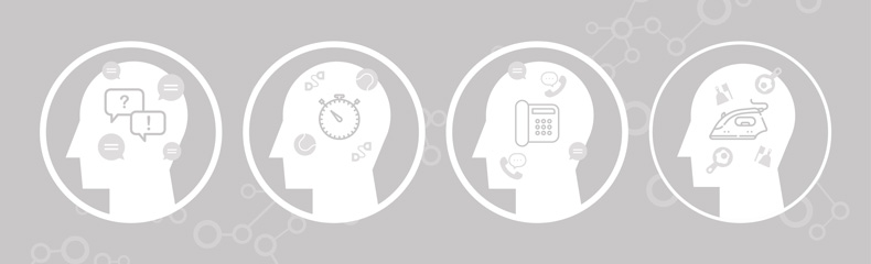 Icons of 4 heads with different thoughts